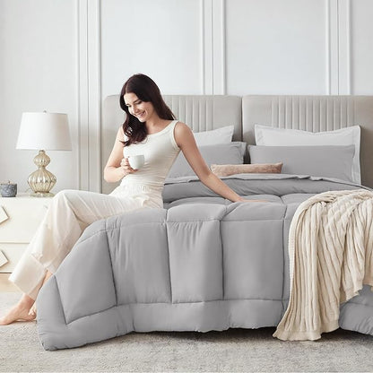 Sasttie Oversized King Comforter Set, 7 Pieces Reversible Bed in a Bag, Complete Bedding Set Includes 120''x98'' Comforter, Flat Sheet, Fitted Sheet, Pillowcases and Pillow Shams, Ivory & Light Grey