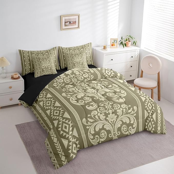 Comforter Set Full Size, Olive Green Damask Aztec 7 Pcs Bedding for Kids and Adults, Antique Decor Western Baroque Gothic Bed Sheet Sets with Fitted Sheet 2 Pillowcases & 2 Shams for Bedroom Bed Decor