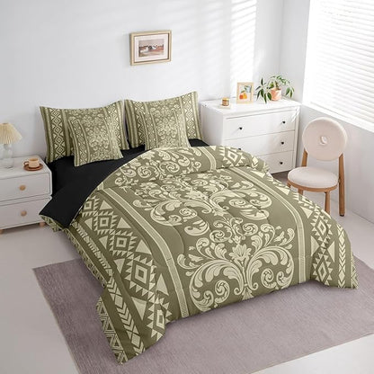 Comforter Set Full Size, Olive Green Damask Aztec 7 Pcs Bedding for Kids and Adults, Antique Decor Western Baroque Gothic Bed Sheet Sets with Fitted Sheet 2 Pillowcases & 2 Shams for Bedroom Bed Decor
