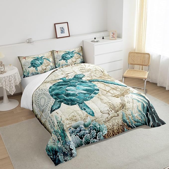 Erosebridal Turtle Bedding Teal Turtle Comforter Set Turquoise Ocean Themed Mediterranean Style Printed Design Ocean Turtle Down Comforter Quilted Duvet Set Queen Size 1 Comforter 2 Pillowcases