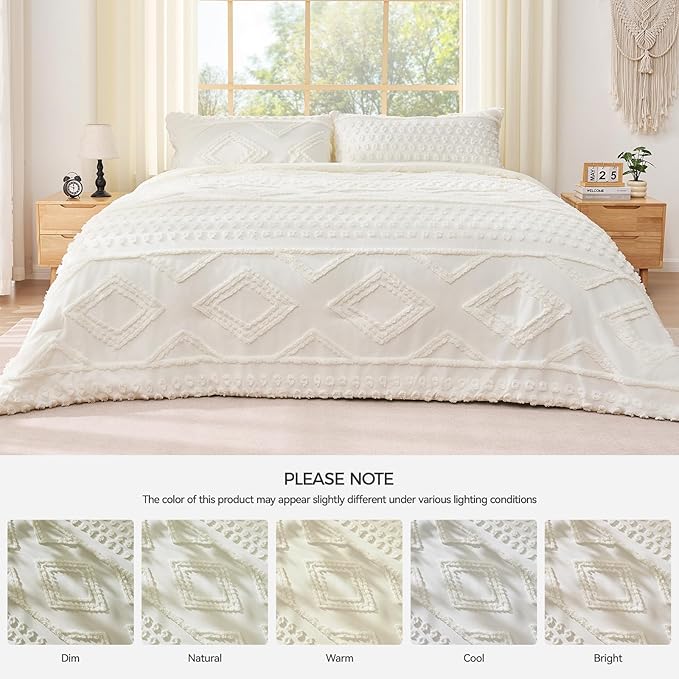 Boho King Comforter Set Beige with Sheets, 3 Pieces Tufted King Comforter Sets Boho Bedding Cream Soft Warm Neutral Comforter Sets for All Seasons