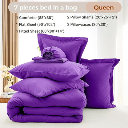 MUXHOMO 7 Pieces Queen Comforter Set, Soft Bed in a Bag Queen Size, All Season Bedding Set with Comforter, Flat Sheet, Fitted Sheet, Pillowcases & Shams, Purple