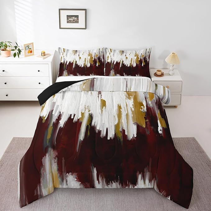 Erosebridal Burgundy Bedding Full Ombre Abstract Art Comforter Set, Brush Marks Gradient Down Comforter Contemporary Vintage Bedding Comforter Sets, Watercolor Stripe Aesthetic Duvet Insert