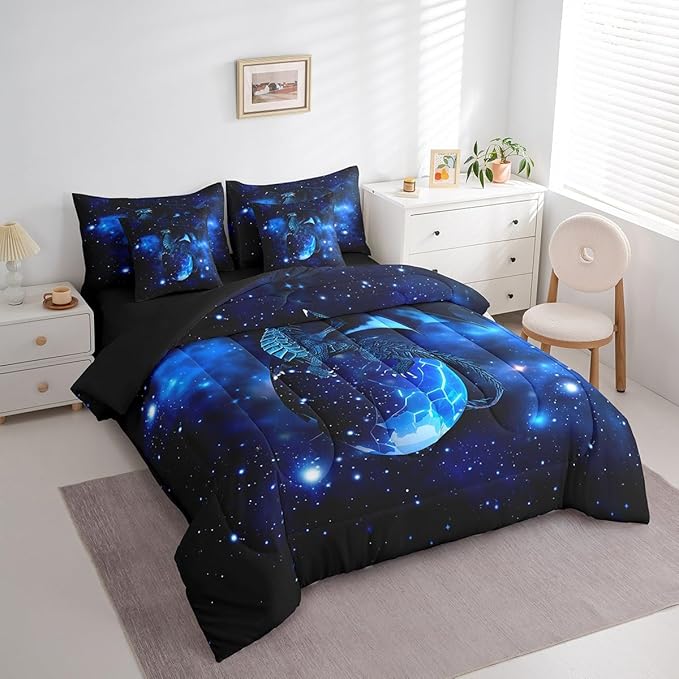 Feelyou Dragon Comforter Set Twin Size 7 Pcs Galaxy Space Universe Comforter Bed in a Bag Jungle Animals Dragon Bedding Set for Boys Girls Dragon Lover Bed Set with Sheets, Pillowcases, Pillow Covers