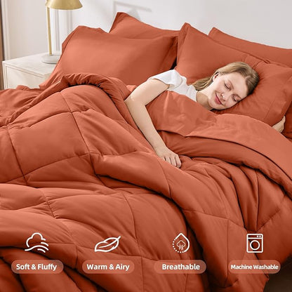 FUANNA 7 Pieces Queen Comforter Set, All Season Bed in a Bag Queen Size, Luxury Soft Bedding Sets with Comforter, Flat Sheet, Fitted Sheet, Pillowcases & Pillow Shams, Burnt Orange