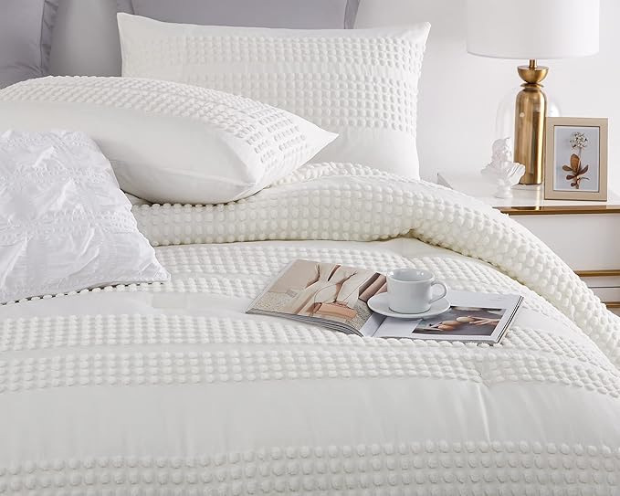 Cupocupa King Size Comforter Set, White Boho Tufted with Pom-Pom Trim, Soft Jacquard, Lightweight, 3-Piece Set, All-Season