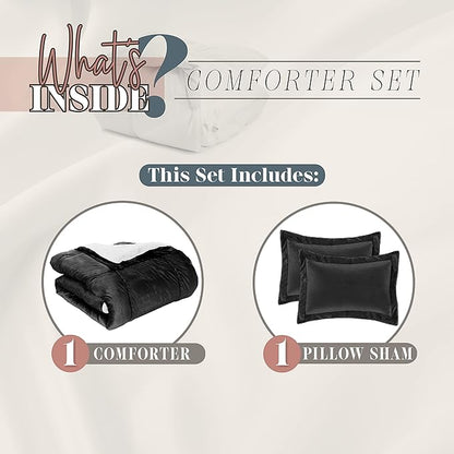 Elegant Comfort Super Soft Sherpa Comforter 2-Piece Set Premium Quality, Heavy Weight Reversible Down Alternative Micro-Suede, Sherpa Comforter, Twin, Black Satin