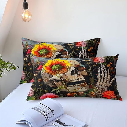 Skull Comforter Set Full Size,Gothic Rose Bedding Set for Women,3 Pieces Soft Fluffy Microfiber Bed Set with 2 Pillowcases/79 * 90