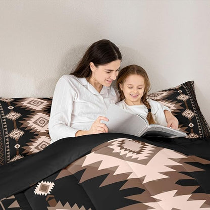 Feelyou Brown Black Western Bedding Set Queen Size Southwestern Aztec Comforter Set Tribal Native American Indian Duvet Quilt
