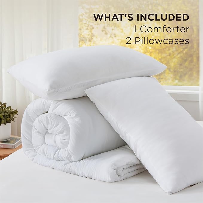 Bedsure Queen Comforter Set, White Soft Prewashed Bedding for All Seasons, 3 Pieces GentleSoft™ Bed Set, 1 Lightweight Comforter (90"x90") and 2 Pillowcases (20"x26")