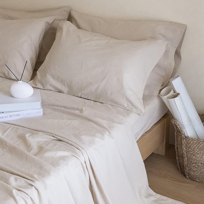 Simple&Opulence Belgian Linen Sheet Set Solid Color - 6 Pieces (1 Flat Sheet & 1 Fitted Sheet & 4 Pillowcases) 16" Deep Pocket Natural Flax Cotton Blended Soft Bedding - Linen, California King