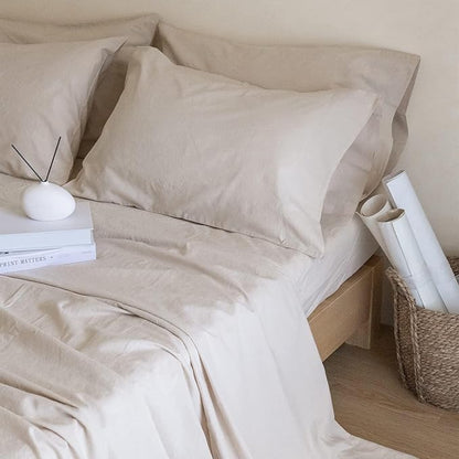 Simple&Opulence Belgian Linen Sheet Set Solid Color - 6 Pieces (1 Flat Sheet & 1 Fitted Sheet & 4 Pillowcases) 16" Deep Pocket Natural Flax Cotton Blended Soft Bedding - Linen, California King