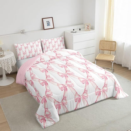 Erosebridal Ribbon Bow Bedding Set for Kids Girls Teen Women,Pink Girly Bowknot Bedding Comforter Sets King Cute Fantasy Princess Comforter Set Kawaii Bow Tie Bed Duvet Set 2 Pillow Cases