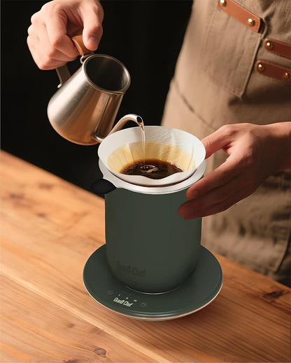 Self-Heating Coffee Mug, Coffee Mug with Self Stirring&Fast Heating, 10oz Temperature Controlled Coffee Cup Warmer, Heated for Tea/Coffee at Office/Kitchen/Travel, with Reusable Coffee Dripper, Green