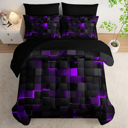 Geometric Violet Black Twin Comforter Set,Light Honeycomb Bedding Set 7 Piece in A Bag,Bed Sheet Set Geometry Decor,Microfiber Lightweight All Season