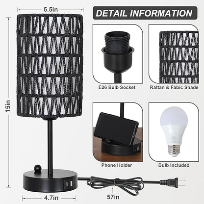 Black Bedside Lamps Set of 2, Touch Control Night Stand Lamp for Bedroom with Rattan & Linen Shade & Bulbs, 3 Way Dimmable Small Boho Table Lamps with USB Charging Port & Phone Stand