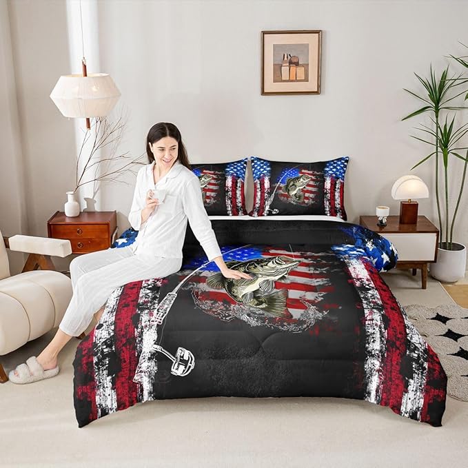 Big Pike Fish Bedding, American Flag Grunge Stripes Print Comforter Set Bass Fishing Comforter Set, Small Fish Pattern Hunting and Fishing Duvet Insert Farmhouse Decor Quilt with 2 Pillowcases Queen
