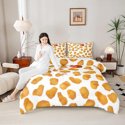 Erosebridal Chicken Nuggets Fried Comforter Set for Kids Boys Girls Teens Adult Food Bedding Set King Size Funny Food Down Comforter Men Women Duvet Set Bedroom Decor, Yellow