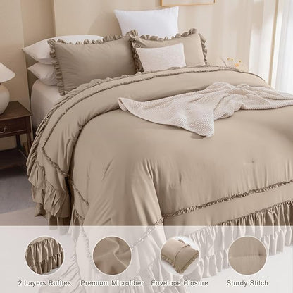 QSH 3PCs Light Taupe Oversized King Comforter Set 120x120,Shabby Vintage Chic Ruffled Bedding Comforter Extra Large Farmhouse French Country Rustic Comforter Microfiber Soft Lightweight Bedding