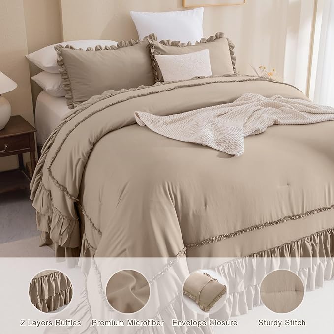 QSH 3PCs Light Taupe Oversized California King Ruffled Bed Comforter Set 128x120, Farmhouse Vintage Chic Comforter French Country Shabby Comforter Soft Microfiber Fluffy Bedding Set