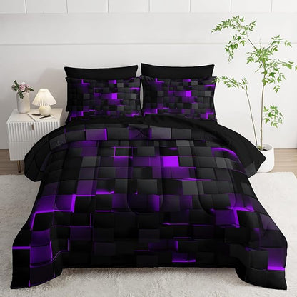 Geometric Violet Black Queen Comforter Set,Light Honeycomb Bedding Set 7 Piece in A Bag,Bed Sheet Set Geometry Decor,Microfiber Lightweight All Season
