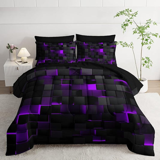 Geometric Violet Black King Comforter Set,Light Honeycomb Bedding Set 7 Piece in A Bag,Bed Sheet Set Geometry Decor,Microfiber Lightweight All Season