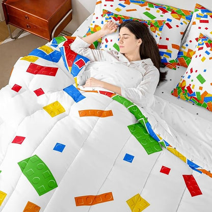 Cartoon Construction Bedding Sets Queen Size 7 Pcs,Watercolor Building Block Comforter Set for Kids Child Boys Girls Room Decor,Brick Games Fitted Flat Sheet with 2 Throw Pillow Covers 2 Pillowcases