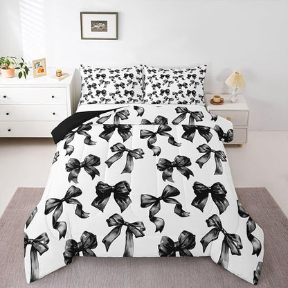 Erosebridal Bow Comforter Set Full Black and White Bowknot Bedding Set for Kids Teen Adults,Modern Simple Fashion Aesthetic Comforter Sets Black Watercolor Butterfly Knot Quilt Duvet