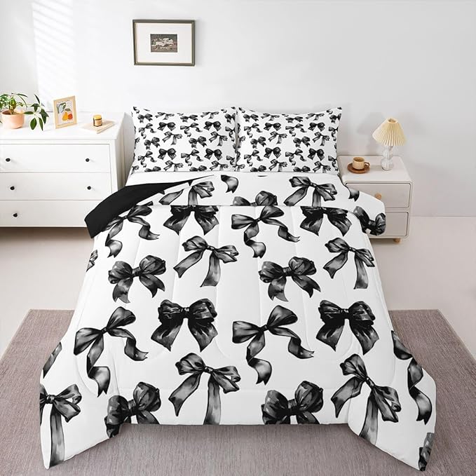 Erosebridal Bow Comforter Set Twin Black and White Bowknot Bedding Set for Kids Teen Adults,Modern Simple Fashion Aesthetic Comforter Sets Black Watercolor Butterfly Knot Quilt Duvet