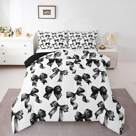 Erosebridal Bow Comforter Set Twin Black and White Bowknot Bedding Set for Kids Teen Adults,Modern Simple Fashion Aesthetic Comforter Sets Black Watercolor Butterfly Knot Quilt Duvet