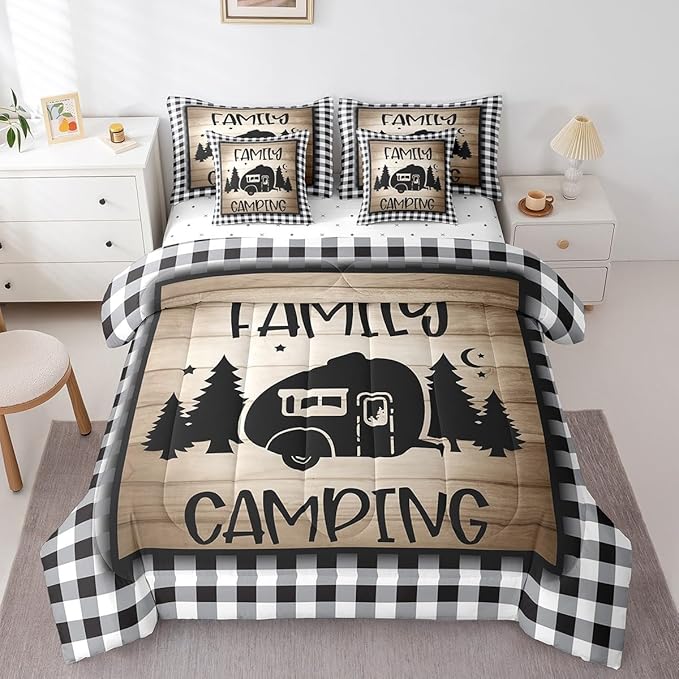 King 7Pcs Family Camping Comforter Set Bed in a Bag Rv Camper Black and White Sketch Lines Comforter Set with Sheets(1 Comforter, 1 Flat Sheet 1 Fitted Sheet 2 Pillowcases and 2 Throw Pillow Covers)