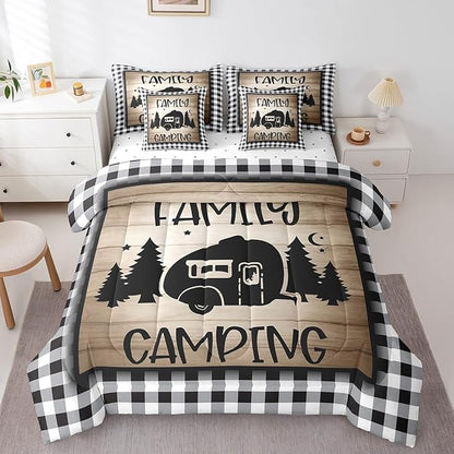 King 7Pcs Family Camping Comforter Set Bed in a Bag Rv Camper Black and White Sketch Lines Comforter Set with Sheets(1 Comforter, 1 Flat Sheet 1 Fitted Sheet 2 Pillowcases and 2 Throw Pillow Covers)