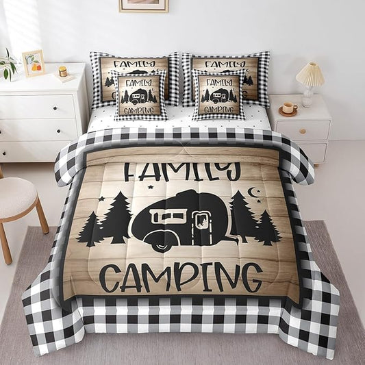 King 7Pcs Family Camping Comforter Set Bed in a Bag Rv Camper Black and White Sketch Lines Comforter Set with Sheets(1 Comforter, 1 Flat Sheet 1 Fitted Sheet 2 Pillowcases and 2 Throw Pillow Covers)
