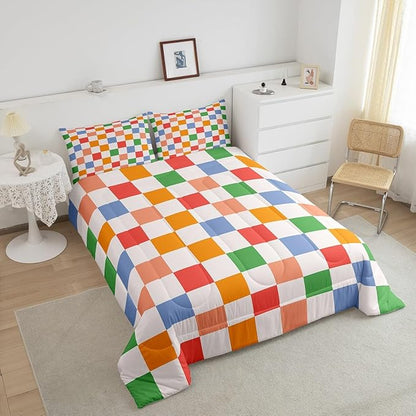 Feelyou Checkered Retro Bedding Set Teen Women Men Rainbow Colorful Plaid Comforter Set Toddler Size Kids Boys Girls Geometric Vintage Duvet Insert Modern Simple Groovy Aesthetic Room Decor