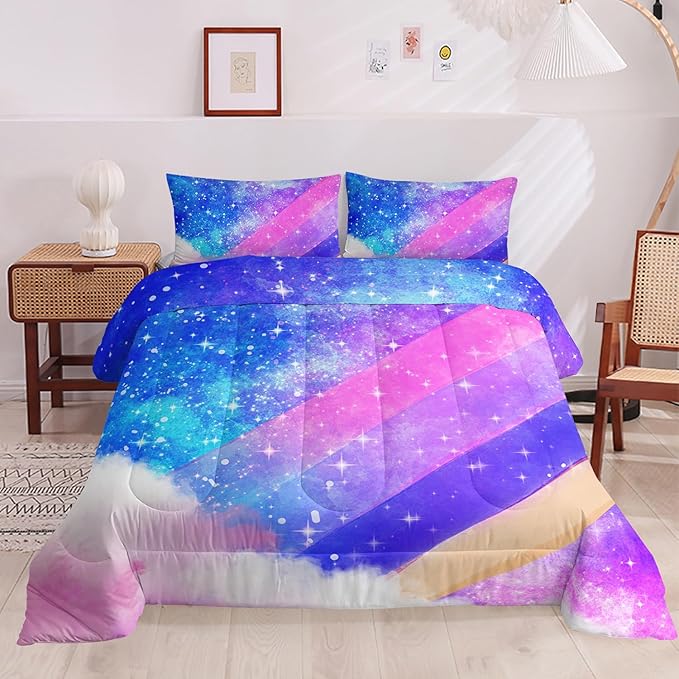 Rainbow Twin Size Comforter Set for Girls Kids Women,Colorful Galaxy Microfiber 3 Piece Bedding Set,All Season Down Alternative Bedding with Matching Sham(Violet Star)