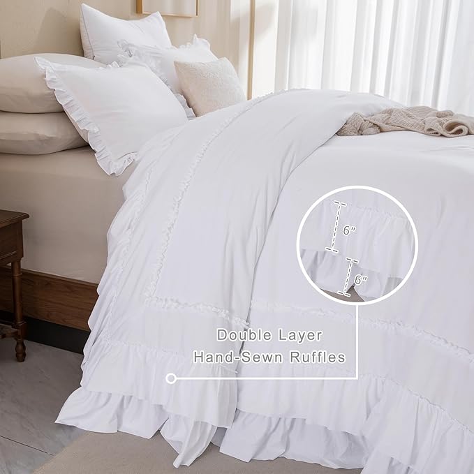QSH 3PCs Bright White Ruffled Oversized King Comforter 120x120,Shabby Boho Chic Farmhouse Ruffle Bed Comforter Set California King Comforter Ultra Soft Microfiber Lightweight Fluffy Bedding