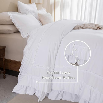 QSH Farmhouse Ruffled Oversized King Comforter 128x120,3PCs Bright White Shabby Boho Chic French Country Bedding Comforter Set California King Bed Comforter Lightweight Soft Microfiber Rustic Bedding