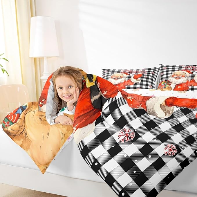 Merry Christmas Comforter Set Full Size,Black White Plaid Bedding Set 3Pcs for Kids Boys Teens Girls Room Decor,Cartoon Santa Claus Quilt Set Cute Winter Snowflake Duvet Insert,2 Pillowcases