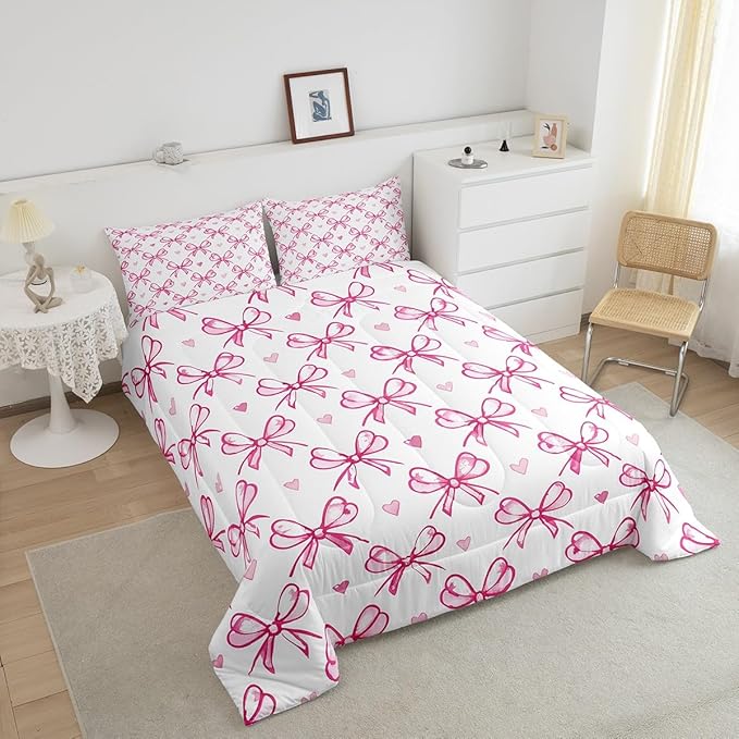 Pink Bow Girlish Kids Comforter Set Full Size,Bowknot Love Heart Hand Paint Cute Bedding Set,Girls Women Room Decor,Princess Style Bow Tie Down Comforter,Girly Romantic Duvet Insert,2 Pillowcases