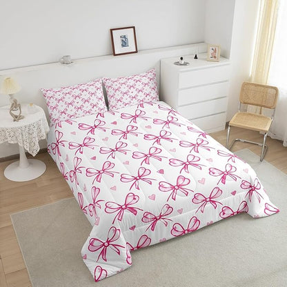 Pink Bow Girlish Kids Comforter Set Twin Size,Bowknot Love Heart Hand Paint Cute Bedding Set,Girls Women Room Decor,Princess Style Bow Tie Down Comforter,Girly Romantic Duvet Insert,1 Pillowcase
