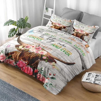 Comforter Set Full Size, Highland Cow Animal 3 Pcs Soft Bedding Set for Kids and Adults, Spring Farm Wood Flowers Comforter Set with 2 Pillowcases, for Bedroom Bed Decor