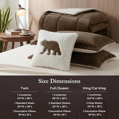 Woolrich Reversible Comforter Set Ultra Soft Plush to Sherpa, Down Alternative, Cold Weather Winter Warm Bedding, with Matching Sham, Decorative Pillow Brown/Ivory Full/Queen 4 Piece