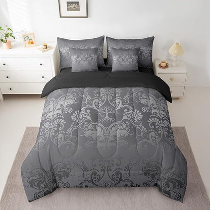 Erosebridal Gothic Damask Bed in a Bag King Size Comforter Set 7 Pieces,Sun Moon Tree of Life Bedding Sets Silver Gray Victorian Floral Goth Sheet Set with Comforter