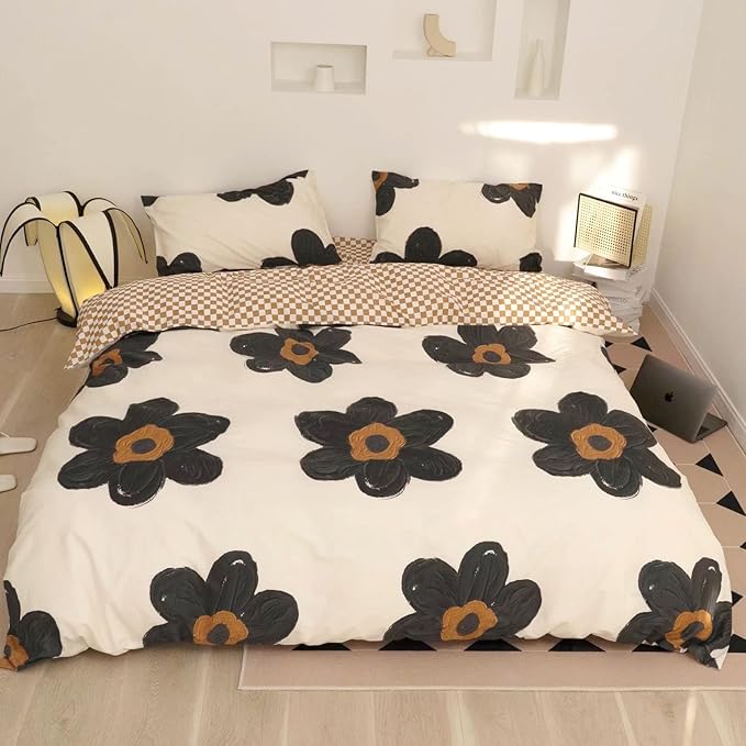 KAREVER Black Floral Comforter Set Black Botanical Bedding King Women Chic Blankets Lightweight Black Sunflower Reversible Bed Comforter Set King Size