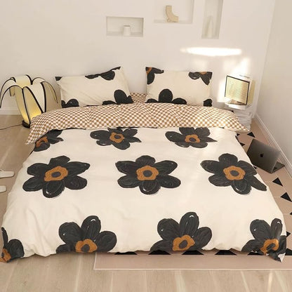 KAREVER Black Floral Comforter Set Black Botanical Bedding King Women Chic Blankets Lightweight Black Sunflower Reversible Bed Comforter Set King Size