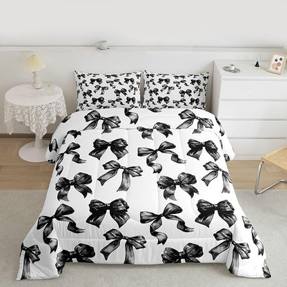 Erosebridal Bow Comforter Set Twin Black and White Bowknot Bedding Set for Kids Teen Adults,Modern Simple Fashion Aesthetic Comforter Sets Black Watercolor Butterfly Knot Quilt Duvet