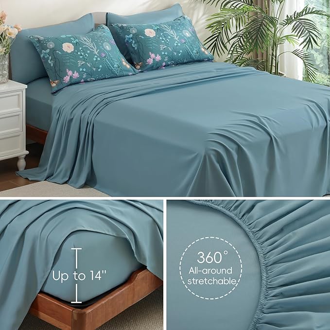 Yiran King Size Comforter Set, 7 Pieces Mineral Blue Floral Soft Bedding Sets, King Bed in a Bag Botanical Flowers All Season Comforter, Sheets, Pillowcases & Shams