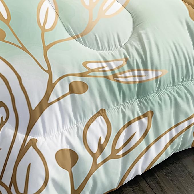 Floral Kid Galloping Horse Comforter Set Queen Animal Theme Handsome Horse Bedding Set Decorated with Green and Gold Leaves for Boys Girls Adult, 1 Comforter + 2 Pillowcases