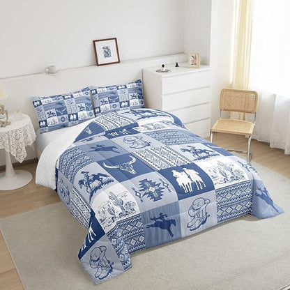 Western Cowboy Comforter Set Twin Size,Aztec Tribal Striped Bedding Set 2Pcs for Kids Teens Women Men Room Decor,Blue White Geometric Grid Quilt Set Vintage Rustic Duvet Insert,1 Pillowcase