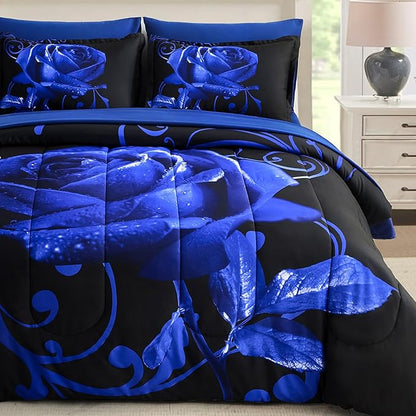 WONGS BEDDING Blue Comforter Set Queen 7 Pieces, Rose Pattern Bed in a Bag, Lightweight Soft Microfiber Bedding Sets with Comforter, Flat Sheet, Fitted Sheet, Pillowcases